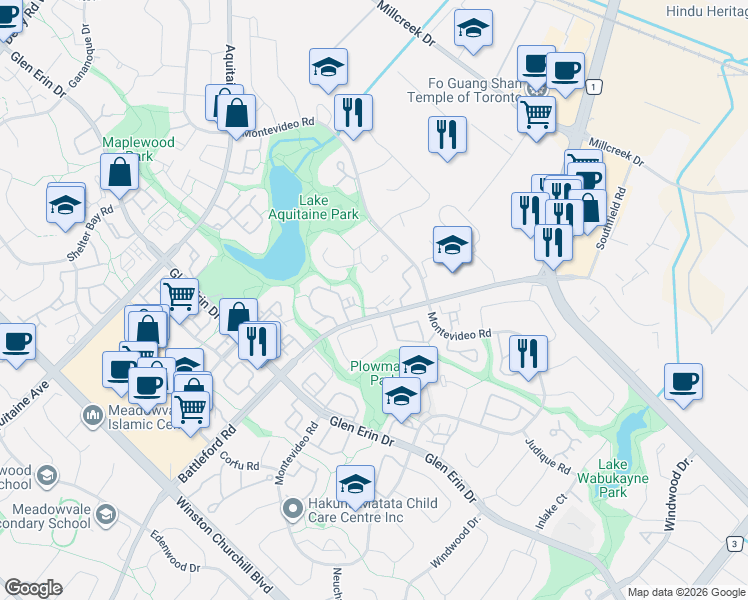 map of restaurants, bars, coffee shops, grocery stores, and more near 2645 Battleford Road in Mississauga