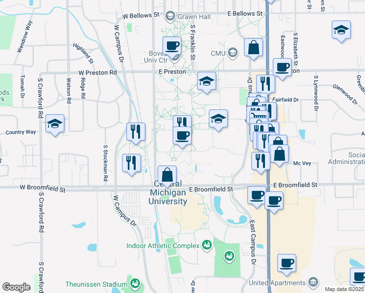 map of restaurants, bars, coffee shops, grocery stores, and more near 195 Ojibway Court in Mount Pleasant