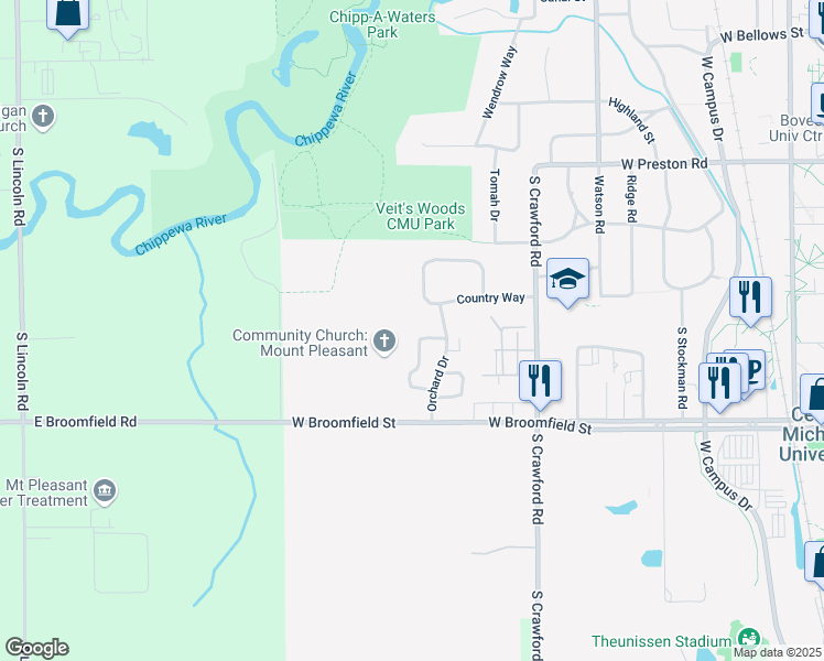 map of restaurants, bars, coffee shops, grocery stores, and more near 1183-1399 Orchard Drive in Mount Pleasant