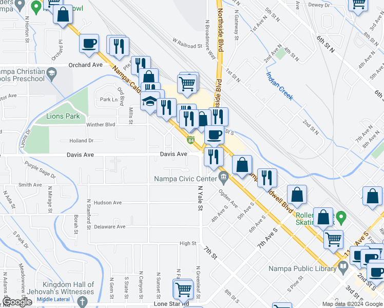 map of restaurants, bars, coffee shops, grocery stores, and more near in Nampa