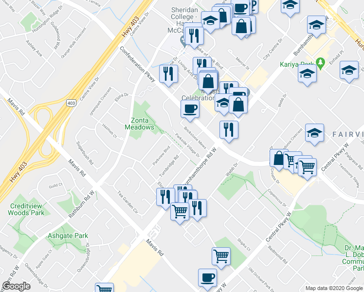 map of restaurants, bars, coffee shops, grocery stores, and more near 454 Wallenberg Crescent in Mississauga