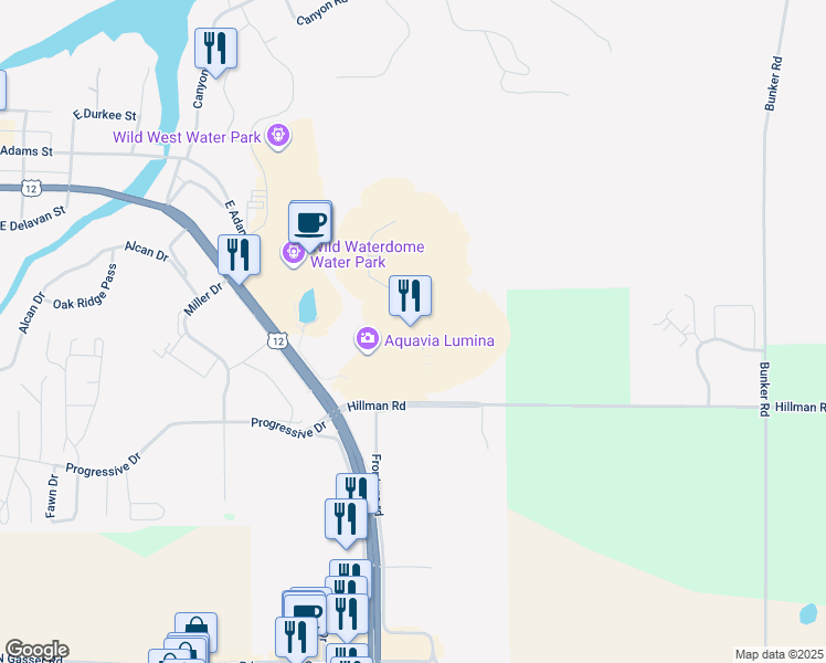 map of restaurants, bars, coffee shops, grocery stores, and more near 45 Hillman Road in Baraboo