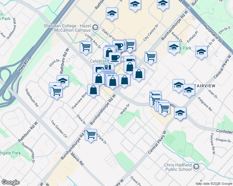 map of restaurants, bars, coffee shops, grocery stores, and more near 448 Burnhamthorpe Road West in Mississauga