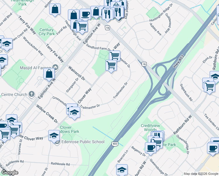 map of restaurants, bars, coffee shops, grocery stores, and more near 4466 Gladebrook Crescent in Mississauga