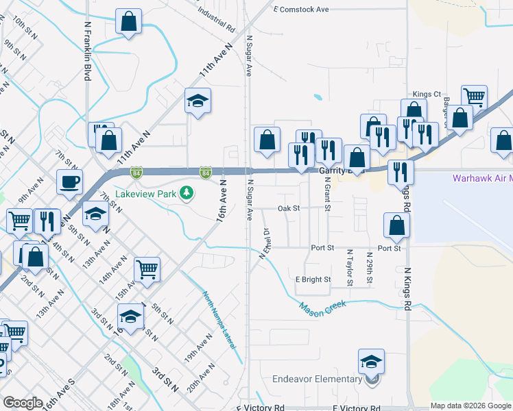 map of restaurants, bars, coffee shops, grocery stores, and more near 212 North Sugar Street in Nampa