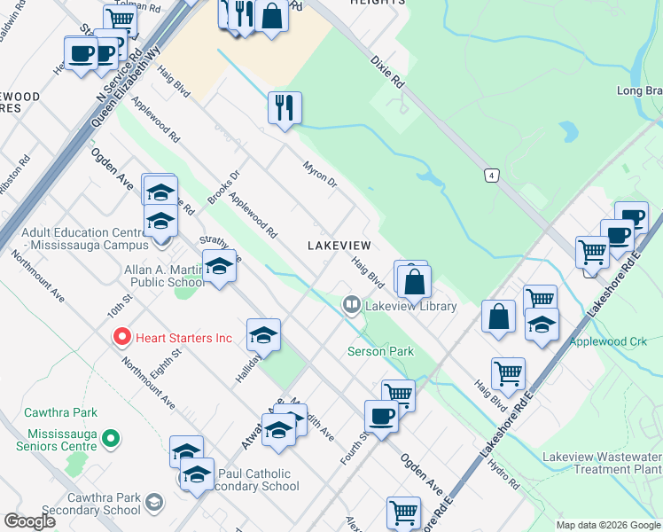 map of restaurants, bars, coffee shops, grocery stores, and more near 1140 Halliday Avenue in Mississauga