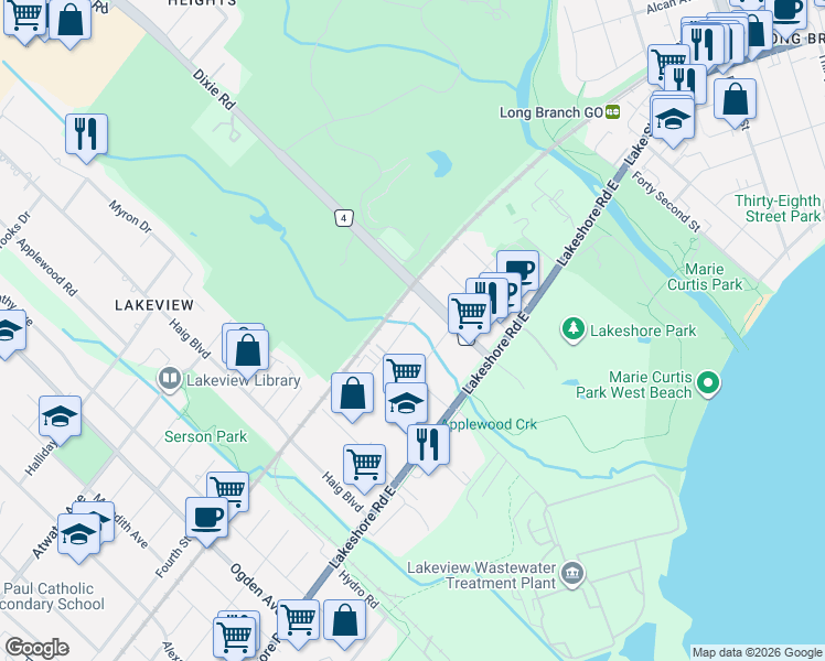 map of restaurants, bars, coffee shops, grocery stores, and more near 1330 Saint Marys Avenue in Mississauga