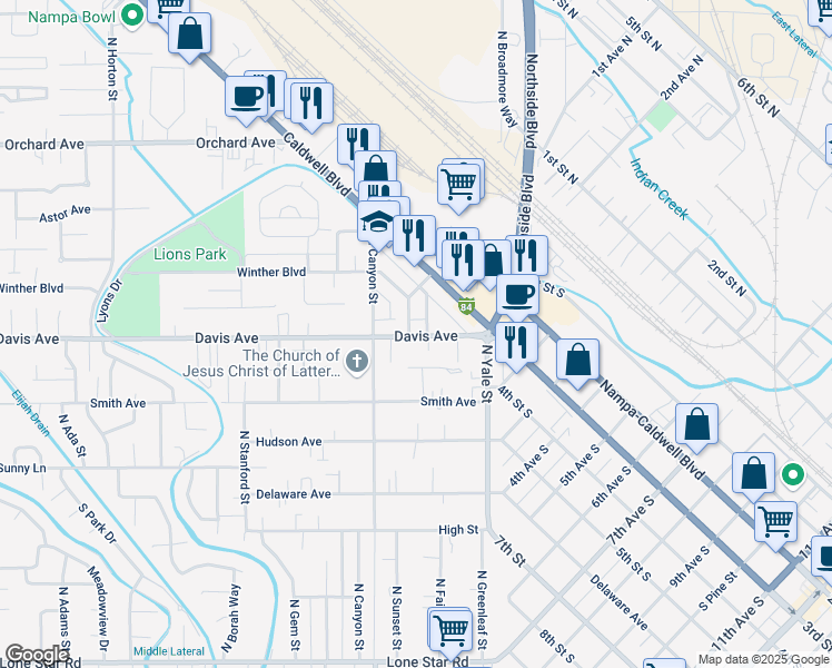 map of restaurants, bars, coffee shops, grocery stores, and more near 116 North Stinson Street in Nampa