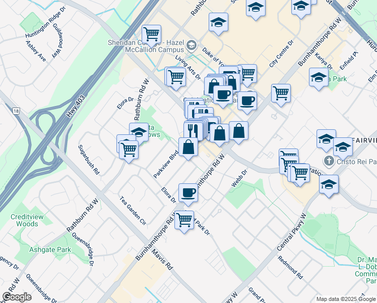 map of restaurants, bars, coffee shops, grocery stores, and more near 4050 Parkside Village Drive in Mississauga