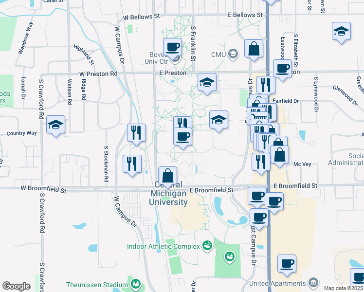 map of restaurants, bars, coffee shops, grocery stores, and more near 195 Ojibway Court in Mount Pleasant