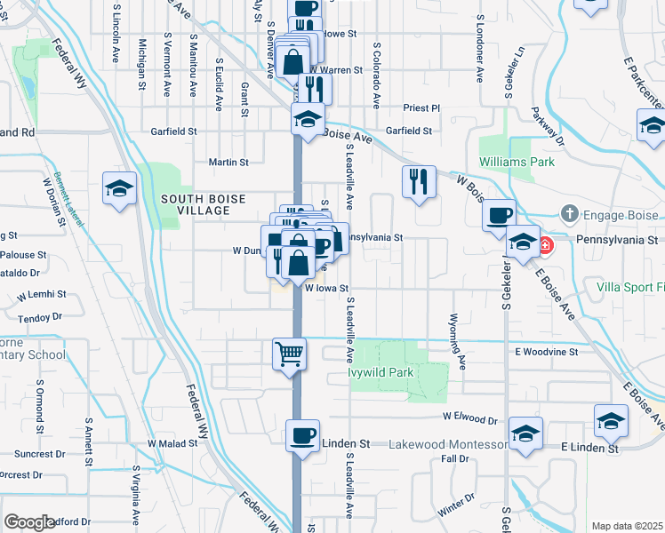 map of restaurants, bars, coffee shops, grocery stores, and more near 2117 South Leadville Avenue in Boise