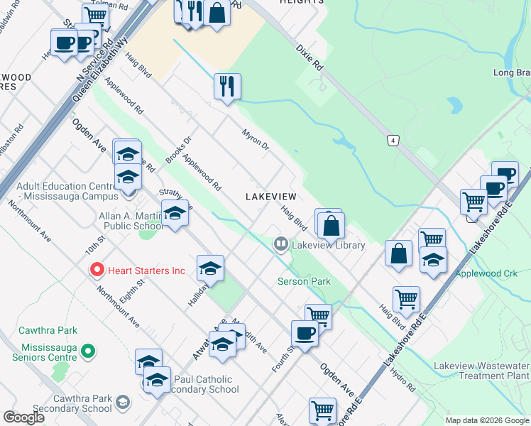 map of restaurants, bars, coffee shops, grocery stores, and more near in Mississauga