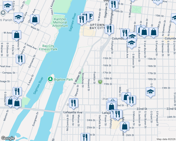 map of restaurants, bars, coffee shops, grocery stores, and more near 111 Broadway Street in Bay City