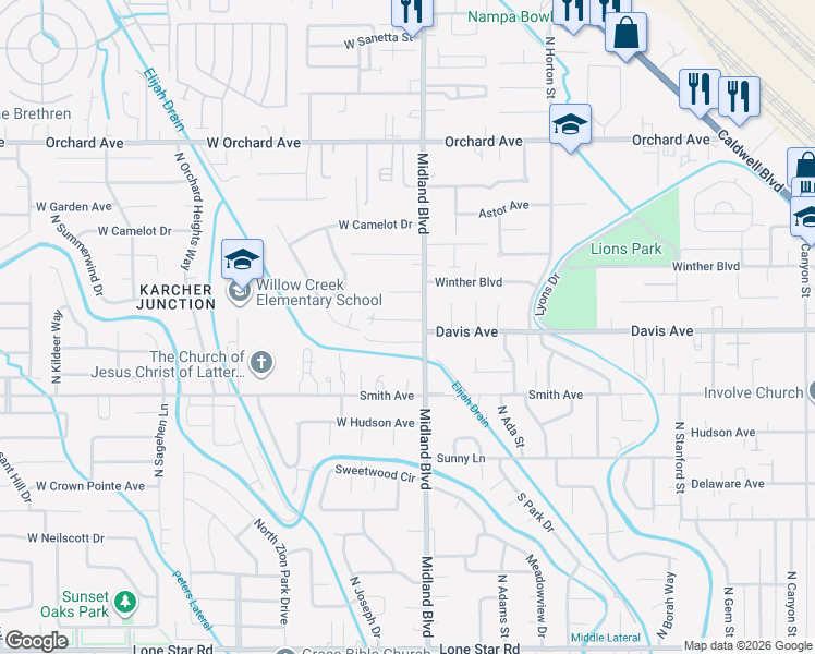 map of restaurants, bars, coffee shops, grocery stores, and more near 169 Midland Boulevard in Nampa