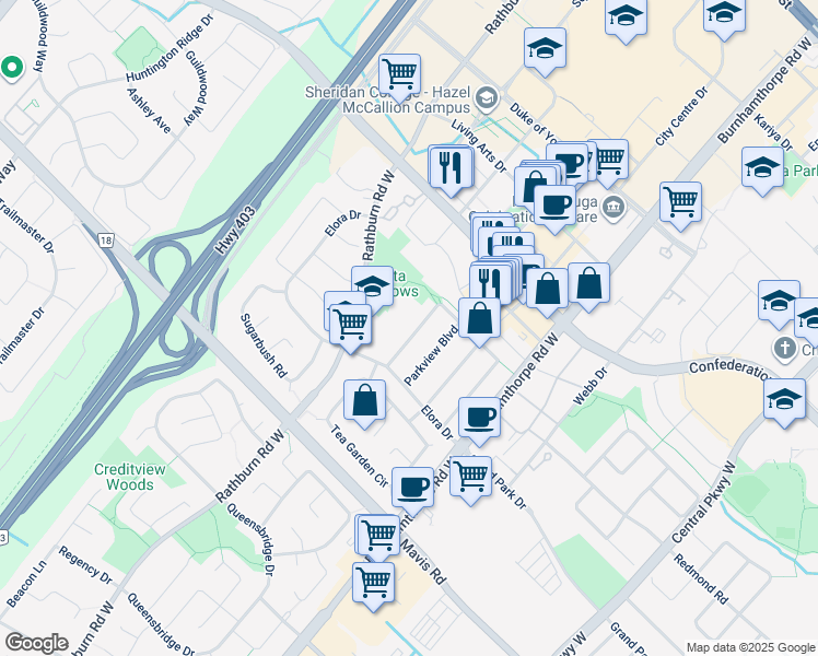 map of restaurants, bars, coffee shops, grocery stores, and more near 304 Wallenberg Crescent in Mississauga