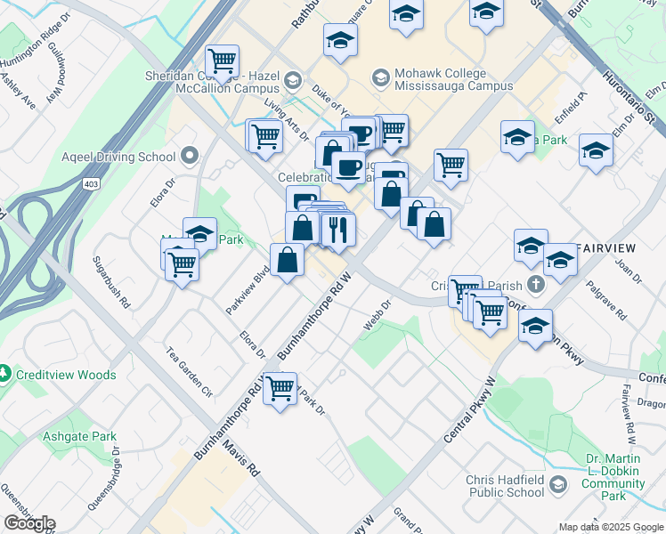 map of restaurants, bars, coffee shops, grocery stores, and more near 4130 Parkside Village Drive in Mississauga