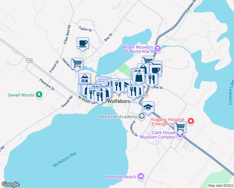 map of restaurants, bars, coffee shops, grocery stores, and more near 19 School Street in Wolfeboro