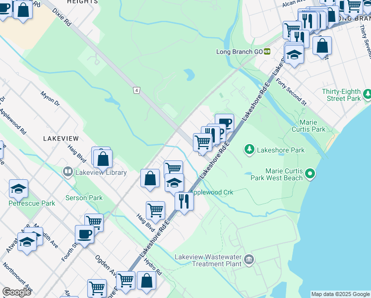 map of restaurants, bars, coffee shops, grocery stores, and more near 1057 Orchard Hill Road in Mississauga