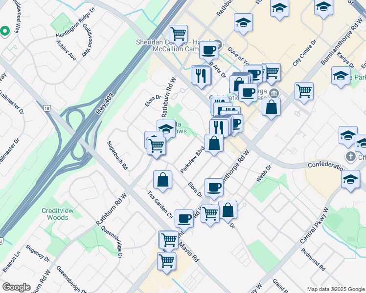 map of restaurants, bars, coffee shops, grocery stores, and more near 304 Wallenberg Crescent in Mississauga