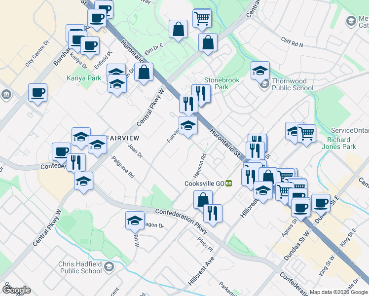 map of restaurants, bars, coffee shops, grocery stores, and more near 108 Danielson Court in Mississauga