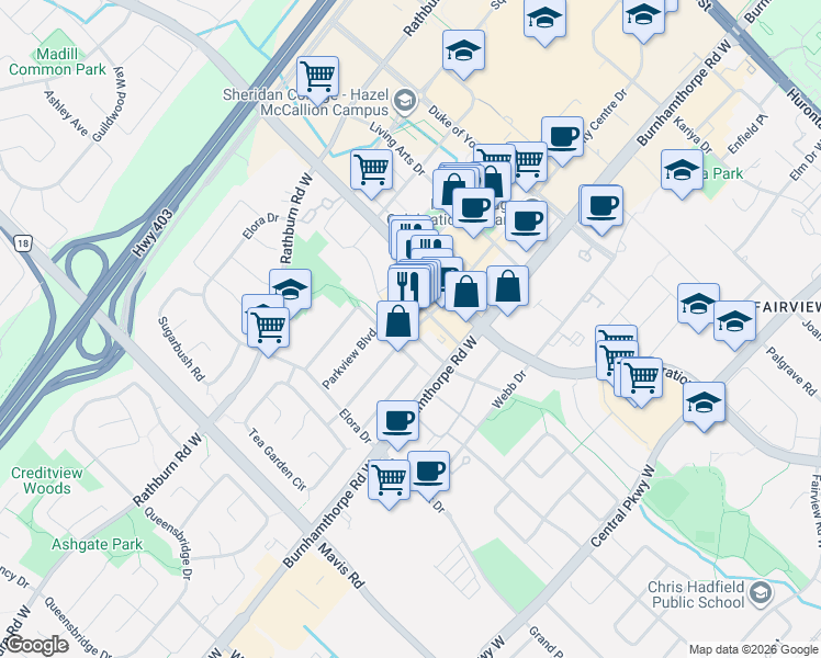 map of restaurants, bars, coffee shops, grocery stores, and more near 4055 Parkside Village Drive in Mississauga