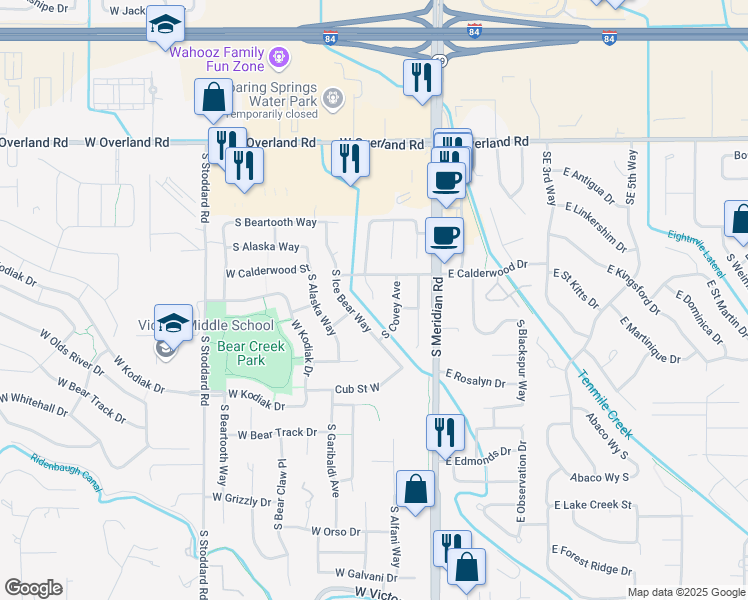 map of restaurants, bars, coffee shops, grocery stores, and more near 2598 S Riptide Ave in Meridian