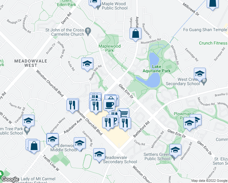 map of restaurants, bars, coffee shops, grocery stores, and more near 36-6810 Meadowvale Town Centre Circle in Mississauga
