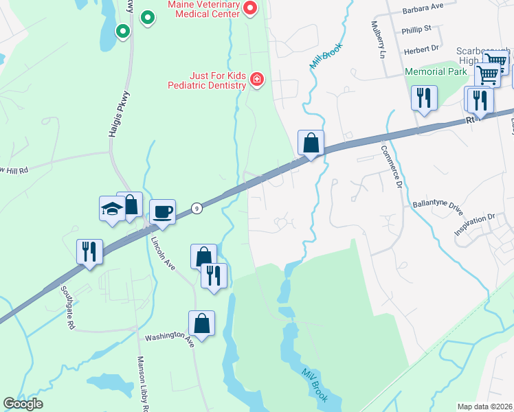 map of restaurants, bars, coffee shops, grocery stores, and more near 8 Byrd Avenue in Scarborough