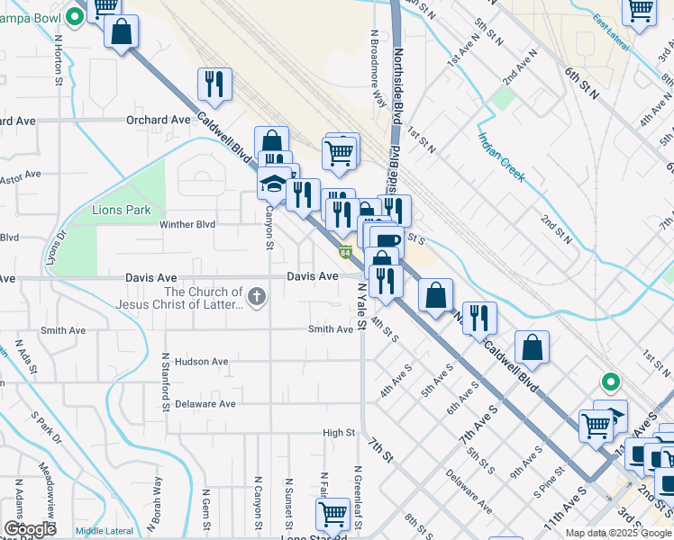 map of restaurants, bars, coffee shops, grocery stores, and more near 106 Davis Avenue in Nampa