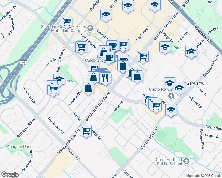 map of restaurants, bars, coffee shops, grocery stores, and more near in Mississauga