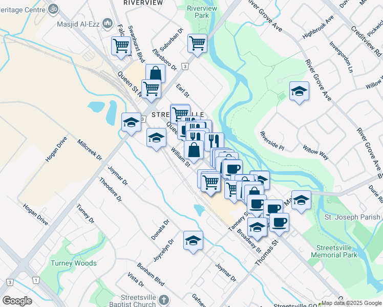 map of restaurants, bars, coffee shops, grocery stores, and more near 44 Queen Street South in Mississauga