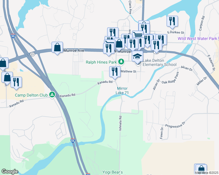 map of restaurants, bars, coffee shops, grocery stores, and more near 212 Xanadu Road in Wisconsin Dells