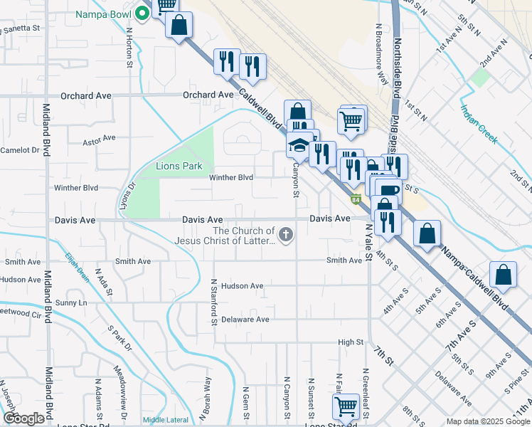 map of restaurants, bars, coffee shops, grocery stores, and more near 222 Davis Ave in Nampa