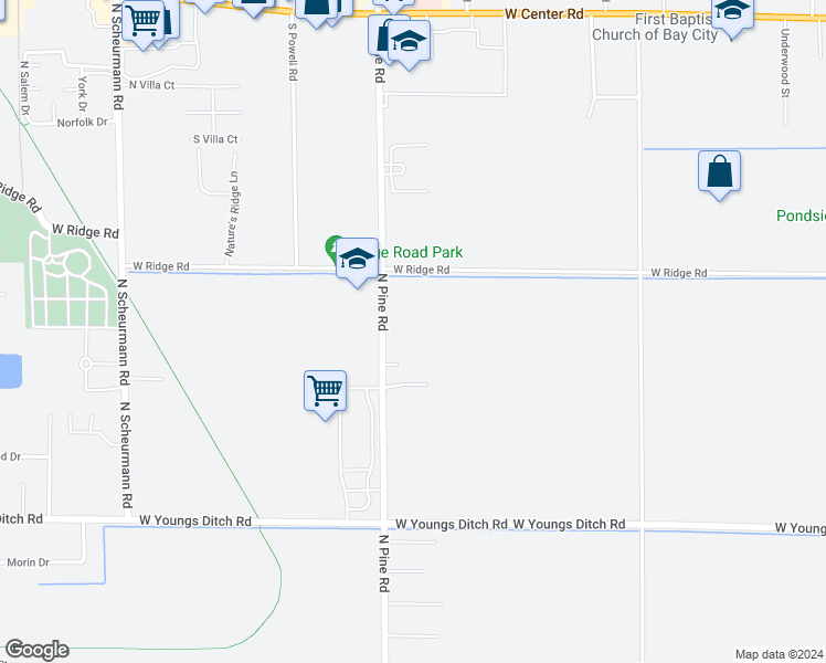 map of restaurants, bars, coffee shops, grocery stores, and more near 700 North Pine Road in Bay City