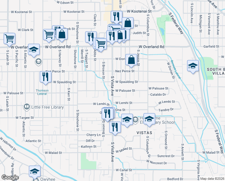 map of restaurants, bars, coffee shops, grocery stores, and more near 1985 South Vista Avenue in Boise