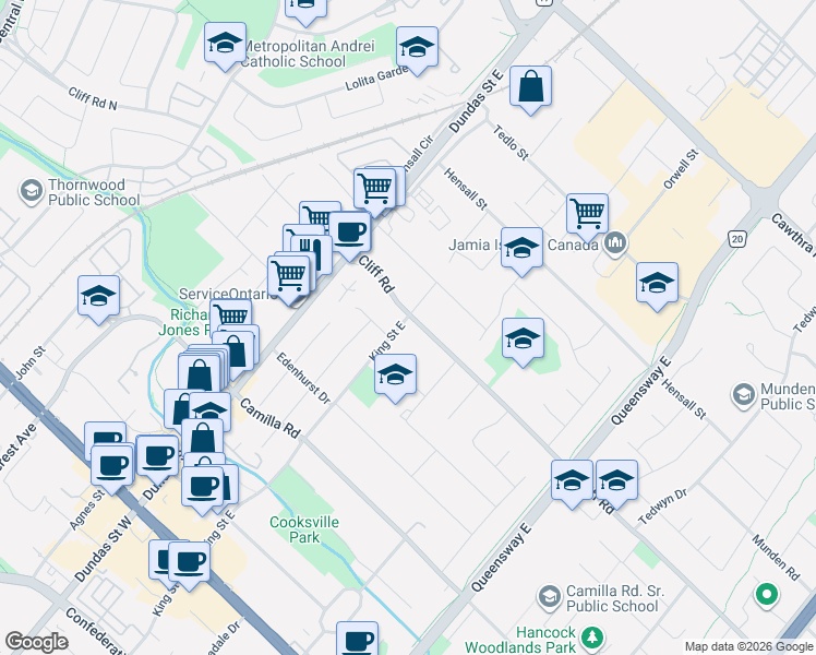 map of restaurants, bars, coffee shops, grocery stores, and more near 332 King Street East in Mississauga