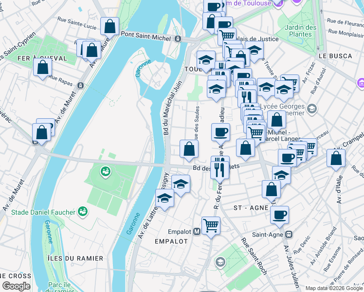 map of restaurants, bars, coffee shops, grocery stores, and more near in Toulouse