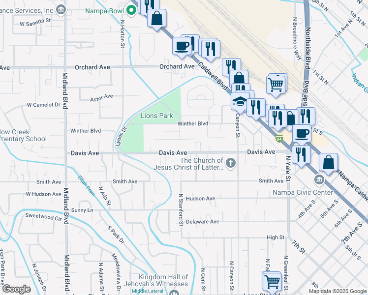 map of restaurants, bars, coffee shops, grocery stores, and more near 254 Davis Avenue in Nampa