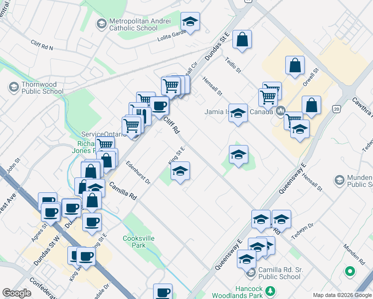 map of restaurants, bars, coffee shops, grocery stores, and more near 336 King Street East in Mississauga