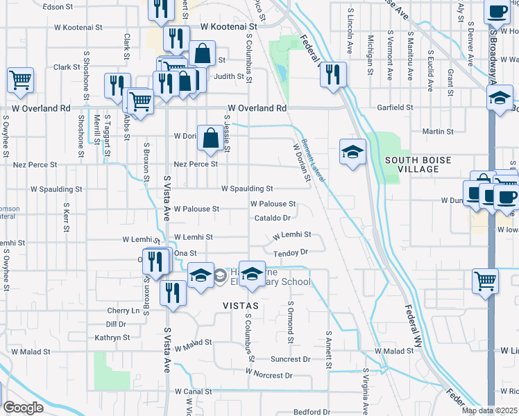 map of restaurants, bars, coffee shops, grocery stores, and more near 2107 West Palouse Street in Boise