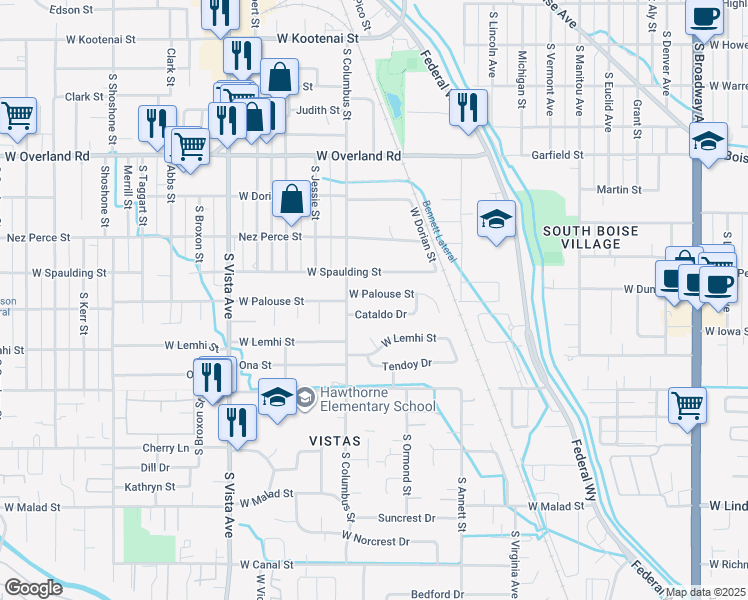 map of restaurants, bars, coffee shops, grocery stores, and more near 2107 West Palouse Street in Boise