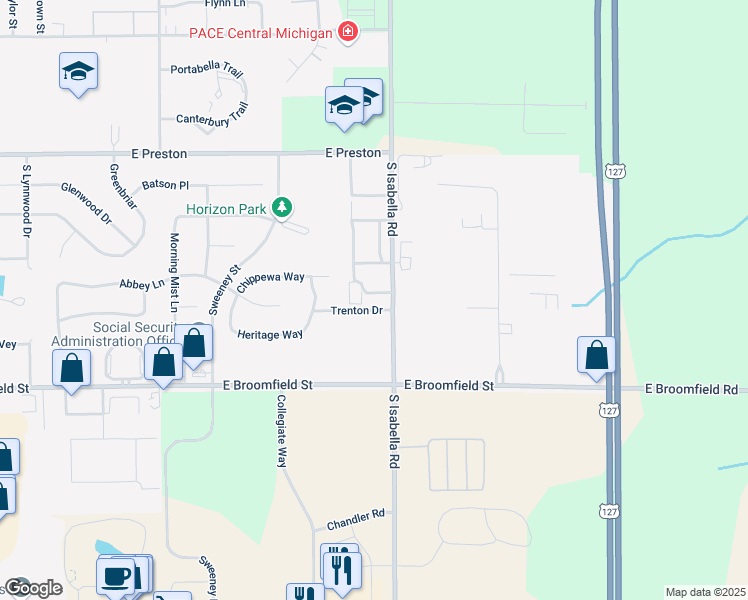 map of restaurants, bars, coffee shops, grocery stores, and more near 3780 South Isabella Road in Mount Pleasant
