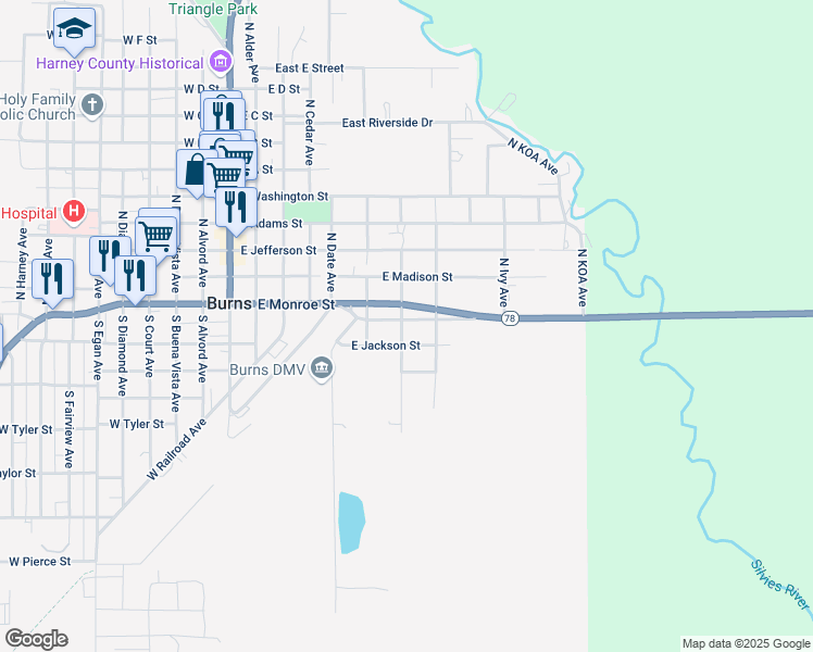 map of restaurants, bars, coffee shops, grocery stores, and more near 605 East Crane Boulevard in Burns