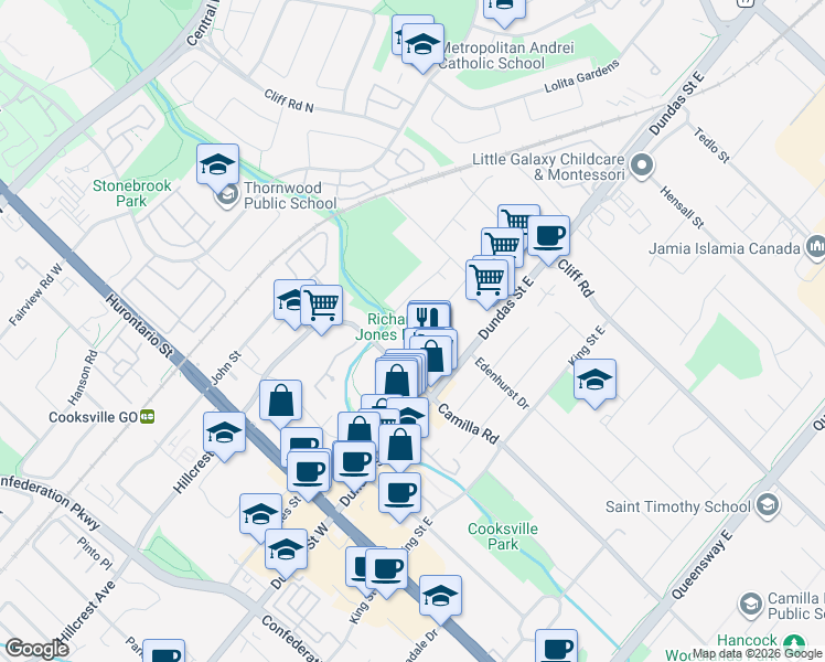 map of restaurants, bars, coffee shops, grocery stores, and more near 142 Whitchurch Mews in Mississauga