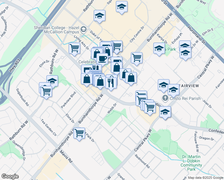 map of restaurants, bars, coffee shops, grocery stores, and more near 350 Burnhamthorpe Road West in Mississauga