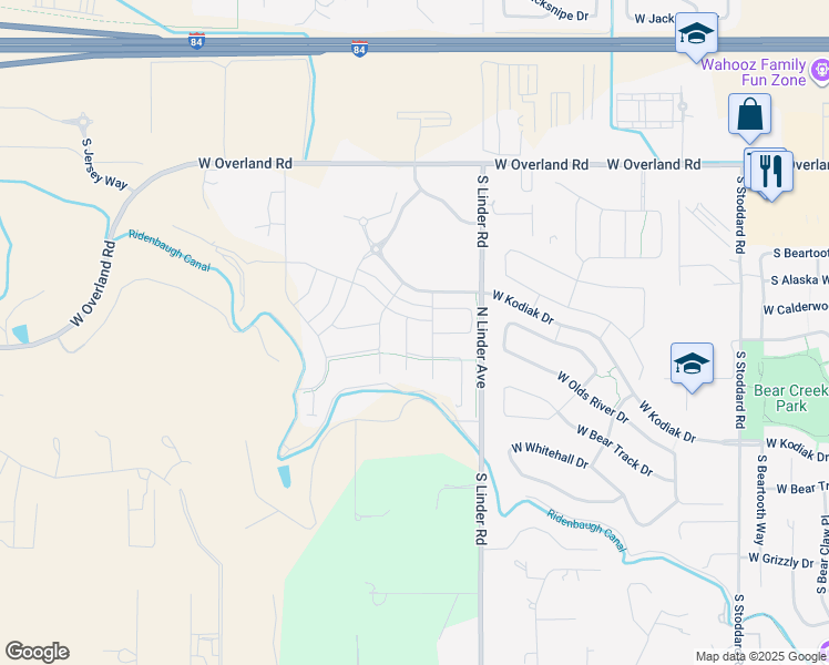 map of restaurants, bars, coffee shops, grocery stores, and more near 2138 South Knotty Pine Avenue in Meridian