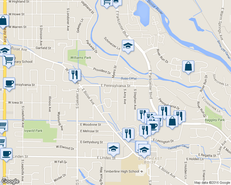 map of restaurants, bars, coffee shops, grocery stores, and more near 2101 South Dorothy Avenue in Boise