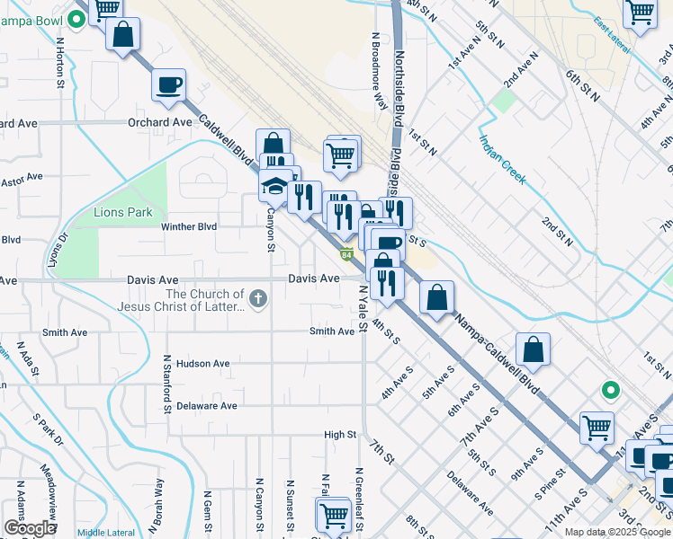 map of restaurants, bars, coffee shops, grocery stores, and more near 106 Davis Avenue in Nampa