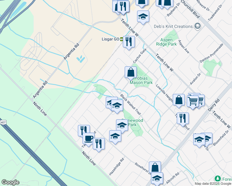 map of restaurants, bars, coffee shops, grocery stores, and more near 7424 Black Walnut Trail in Mississauga