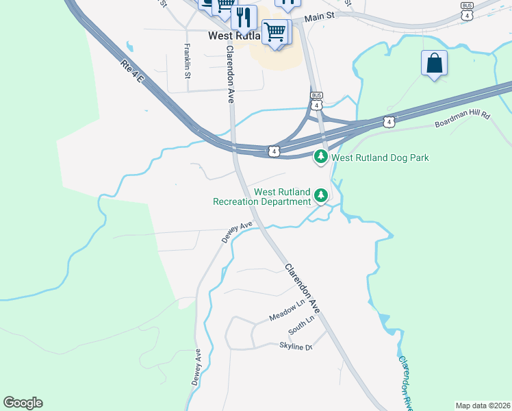 map of restaurants, bars, coffee shops, grocery stores, and more near 10 Fairview Avenue in West Rutland
